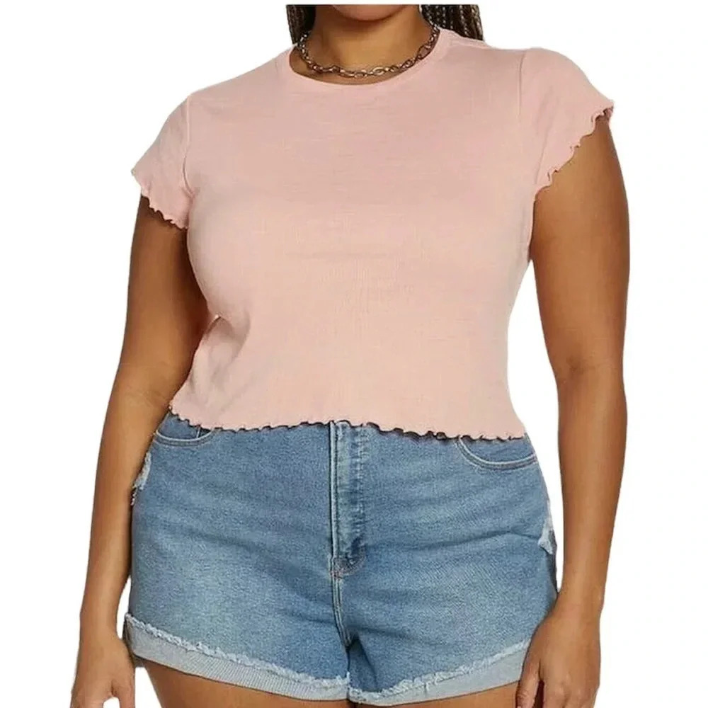 BP. Pink Ribbed Ruffle Edge Crop Tee 1X 2X 3X